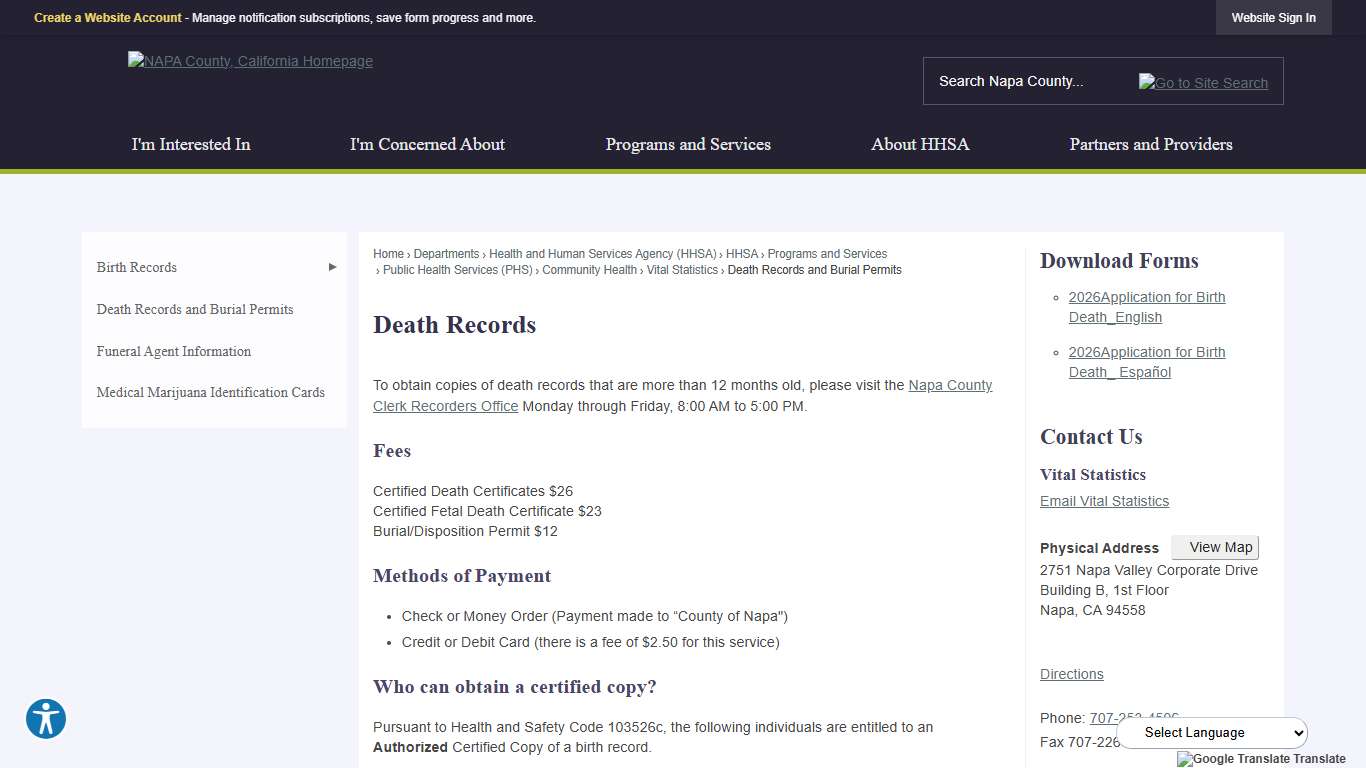 Death Records  | Napa County, CA