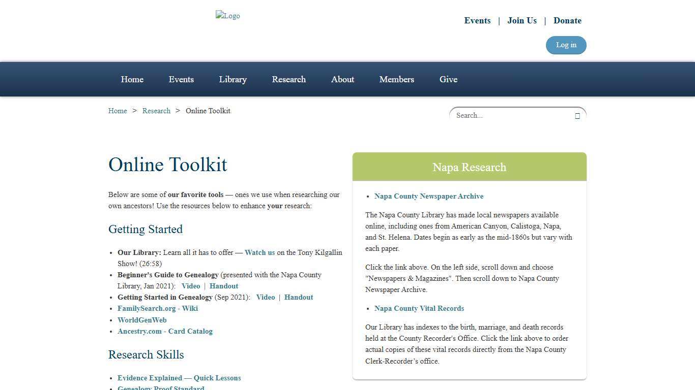 Napa Valley Genealogical Society - Online Toolkit