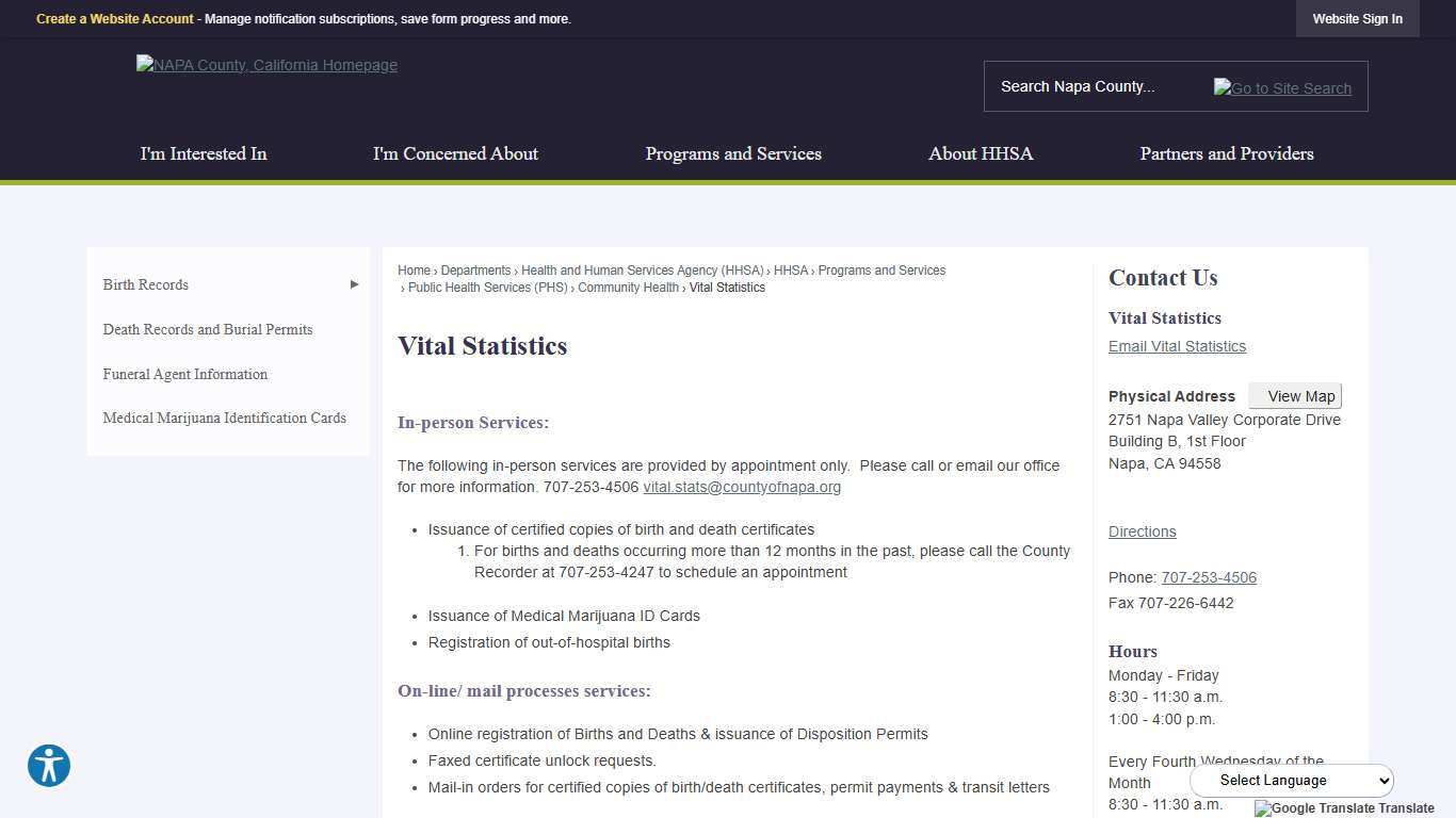 Vital Statistics | Napa County, CA